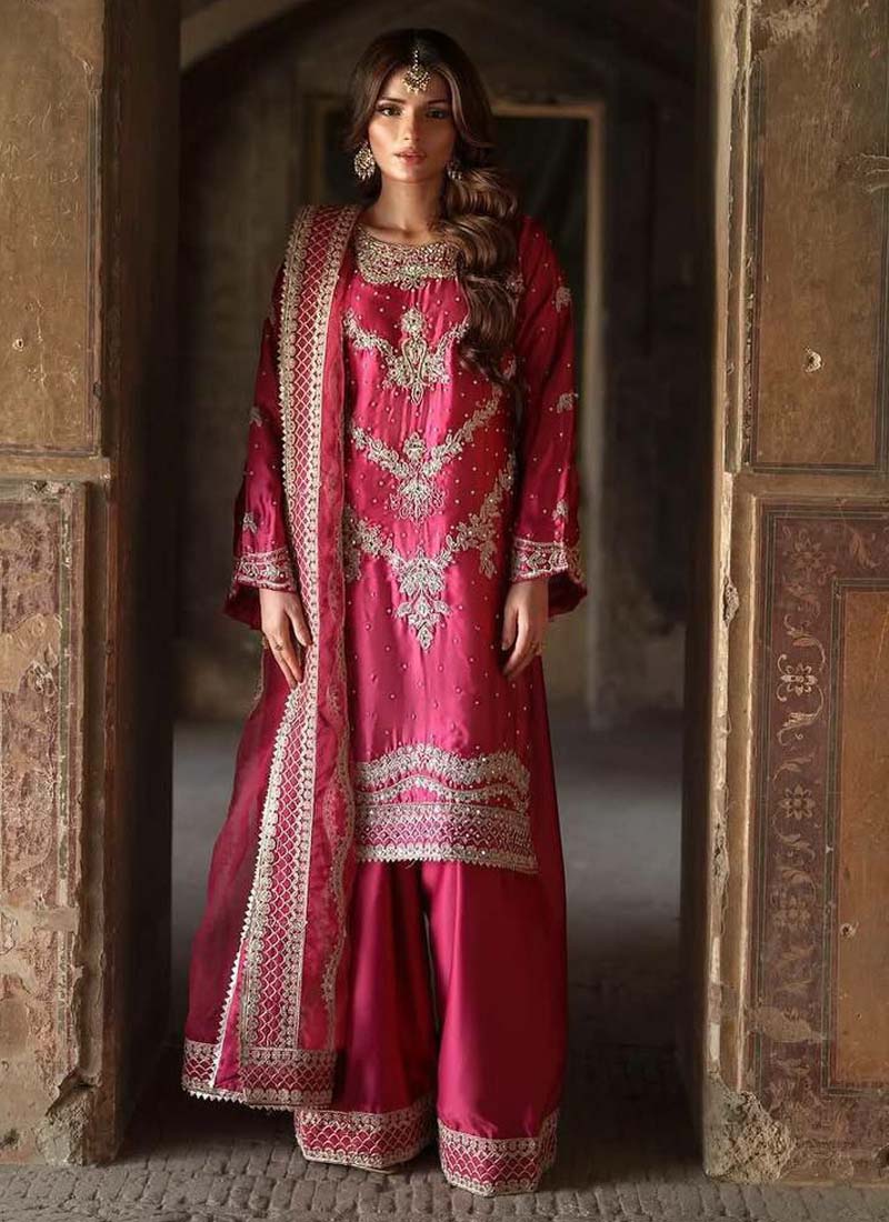 Prazu Fashion Pink Chinon Silk Embroidered Sharara Suit