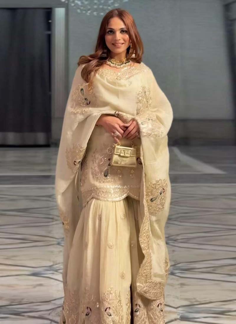 Prazu Fashion Off White Chinon Silk Embroidered Plazzo Suit