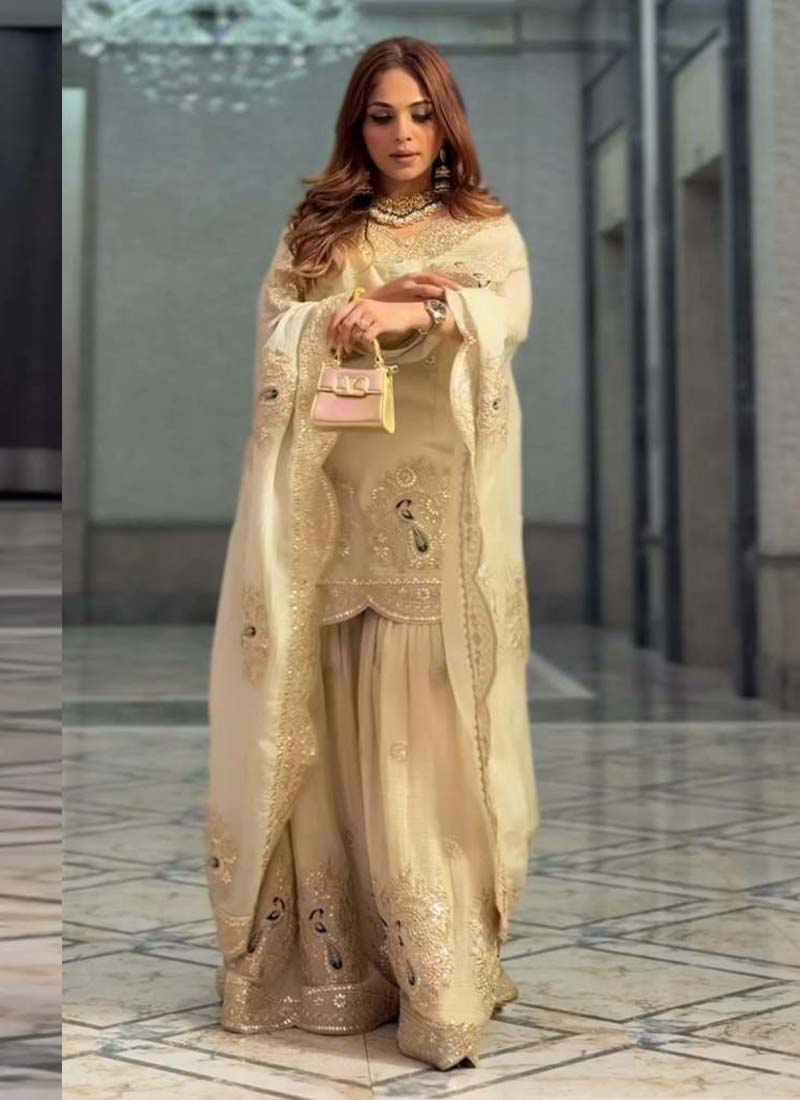 Prazu Fashion Off White Chinon Silk Embroidered Plazzo Suit