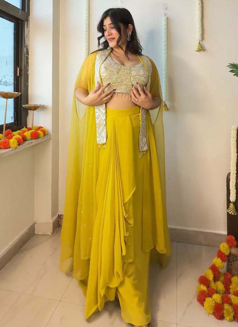 Prazu Fashion Yellow Georgette Embroidered Sequence Western Suit