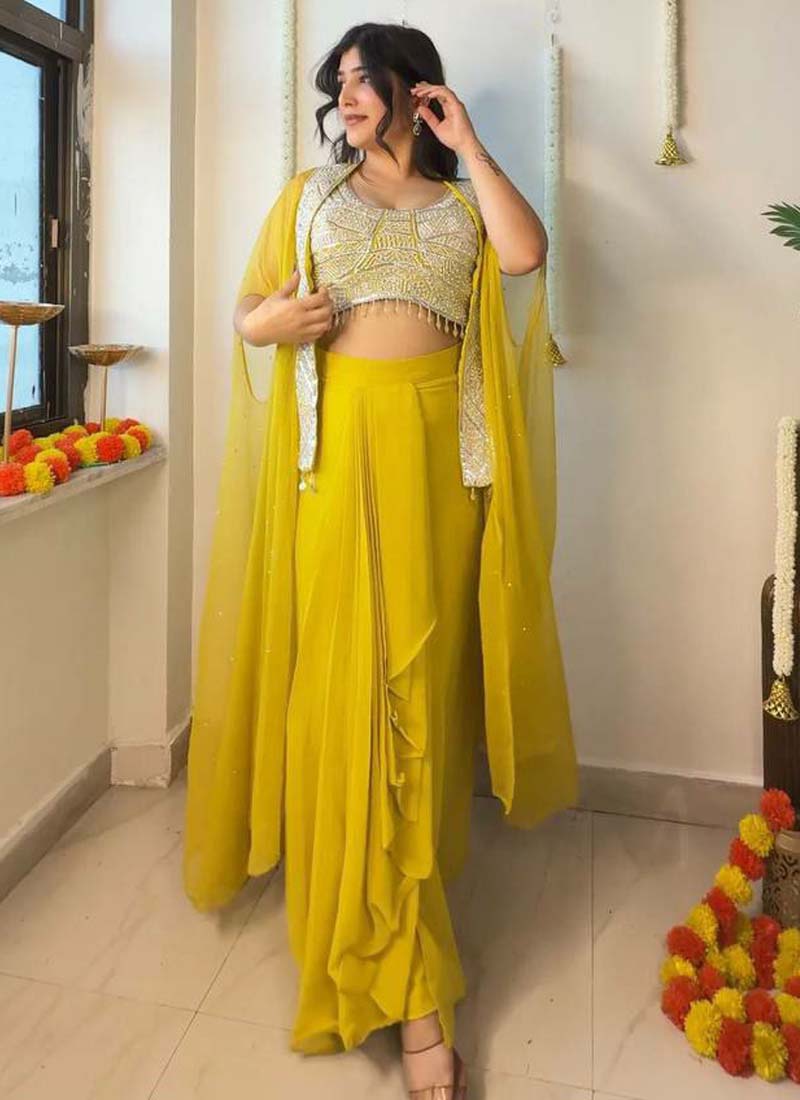 Prazu Fashion Yellow Georgette Embroidered Sequence Western Suit