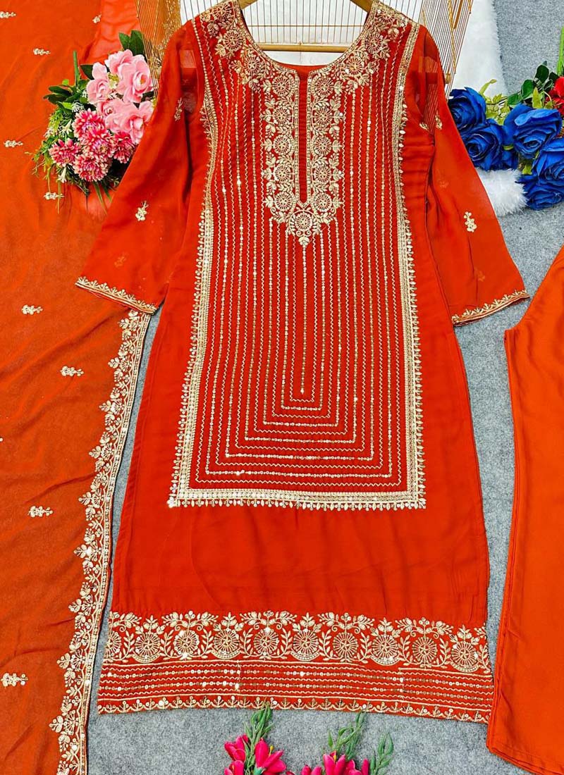 Prazu Fashion Orange Georgette Embroidered Salwar Suit