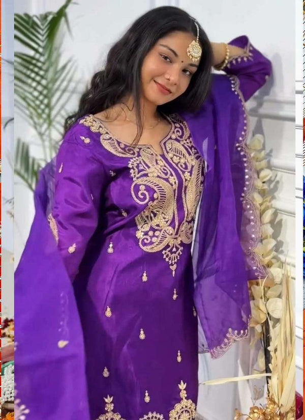 Prazu Fashion Violet Chinon Silk Embroidered Salwar Suit
