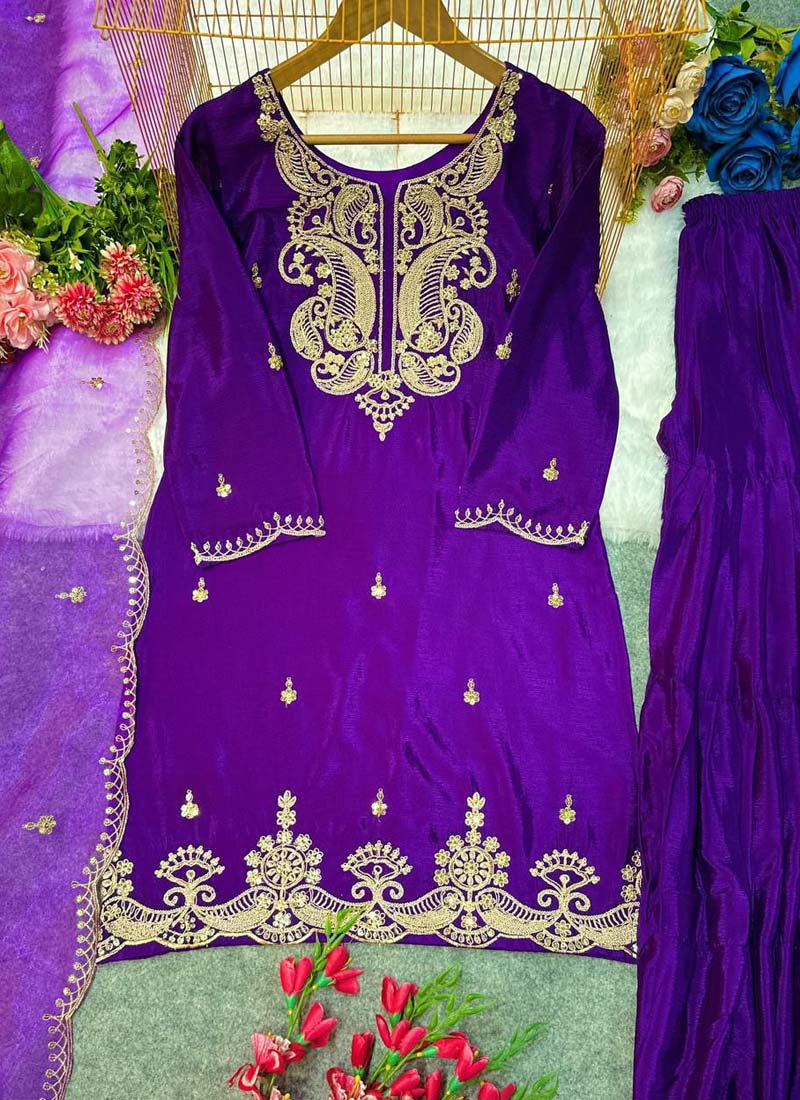 Prazu Fashion Violet Chinon Silk Embroidered Salwar Suit
