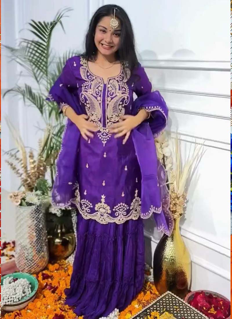 Prazu Fashion Violet Chinon Silk Embroidered Salwar Suit
