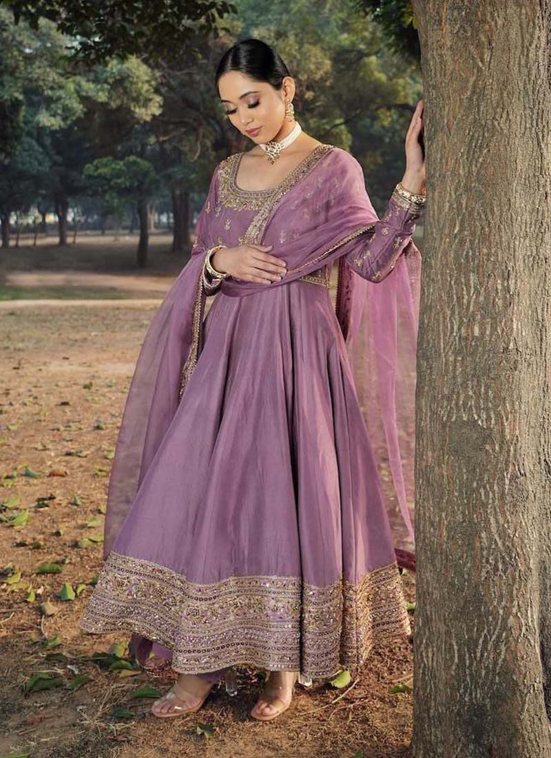 Prazu Fashion Lavender Roman Silk Embroidered Anarkali Suit