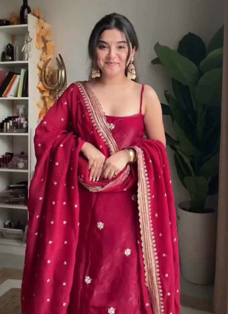 Prazu Fashion Maroon Silk Embroidered Thread Palazzo Suit