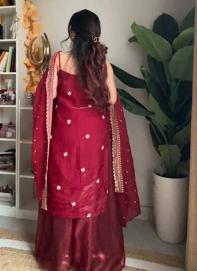 Prazu Fashion Maroon Silk Embroidered Thread Palazzo Suit - Distacart