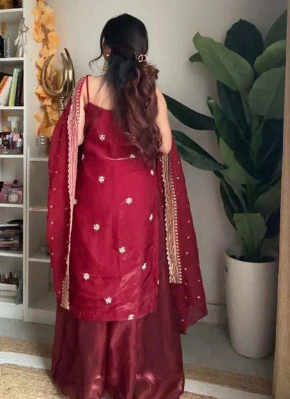 Prazu Fashion Maroon Silk Embroidered Thread Palazzo Suit - Distacart