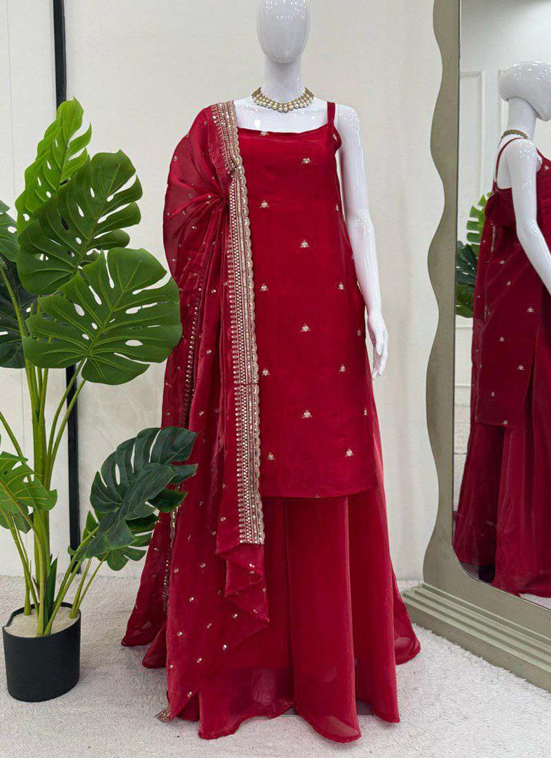 Prazu Fashion Maroon Silk Embroidered Thread Palazzo Suit - Distacart