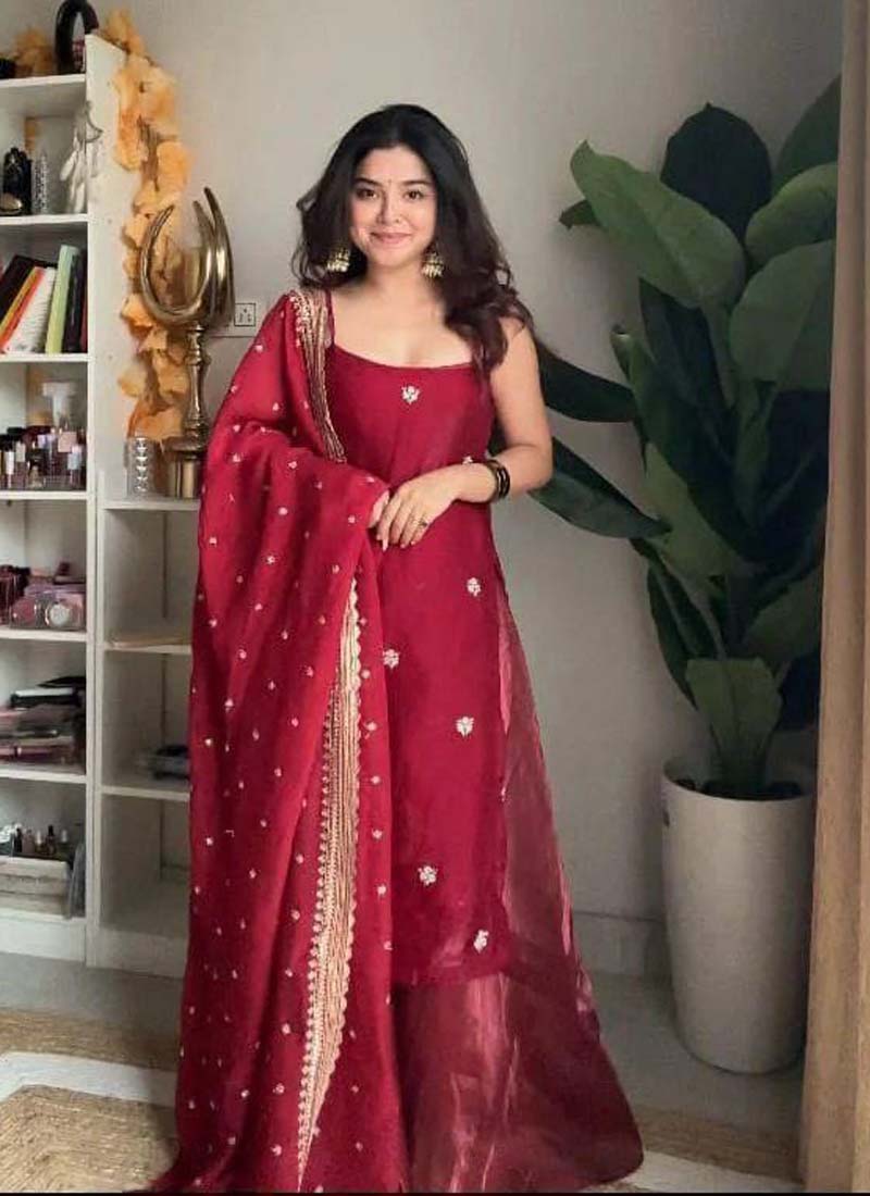 Prazu Fashion Maroon Silk Embroidered Thread Palazzo Suit