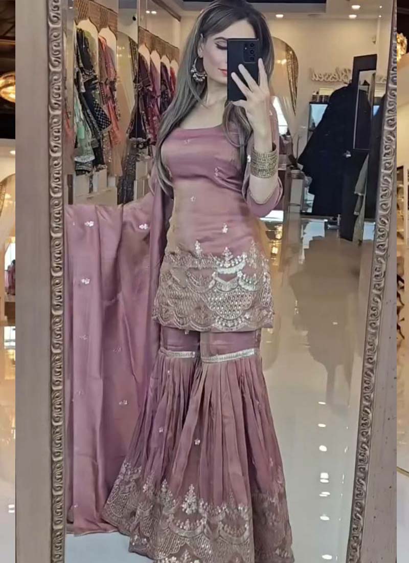 Prazu Fashion Onion Pink Chinon Silk Embroidered Plazzo Suit