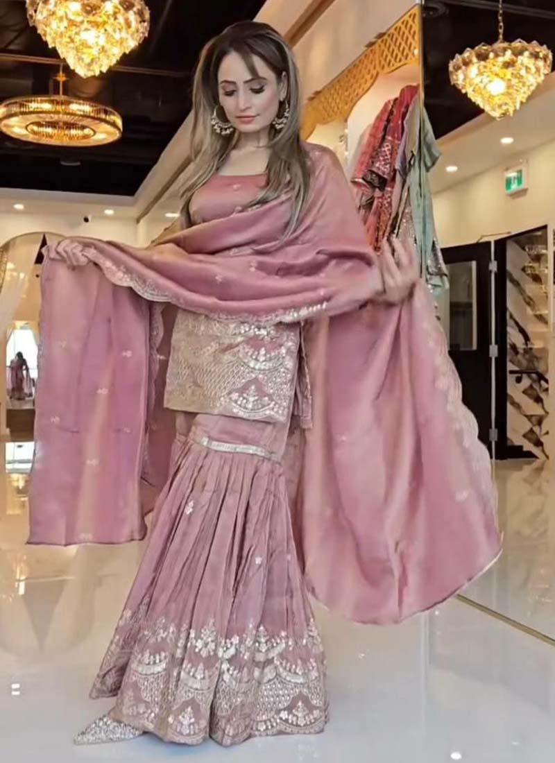 Prazu Fashion Onion Pink Chinon Silk Embroidered Plazzo Suit