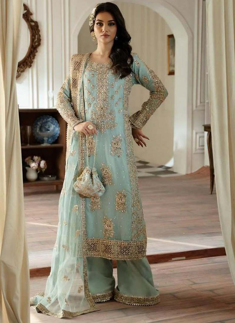 Prazu Fashion Sky Blue Georgette Embroidered Palazzo Suit