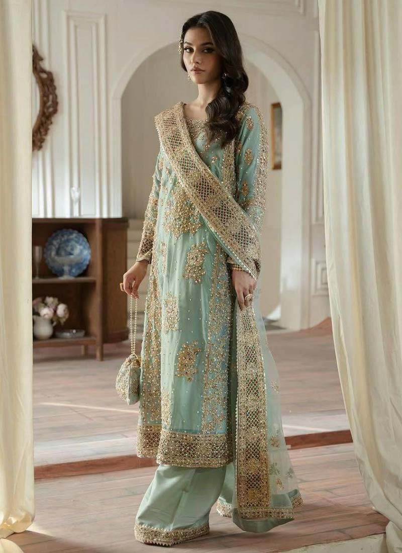 Prazu Fashion Sky Blue Georgette Embroidered Palazzo Suit - Distacart