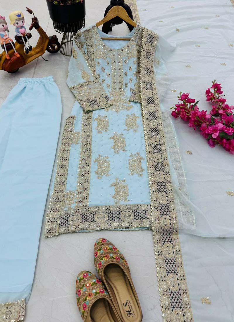 Prazu Fashion Sky Blue Georgette Embroidered Palazzo Suit - Distacart