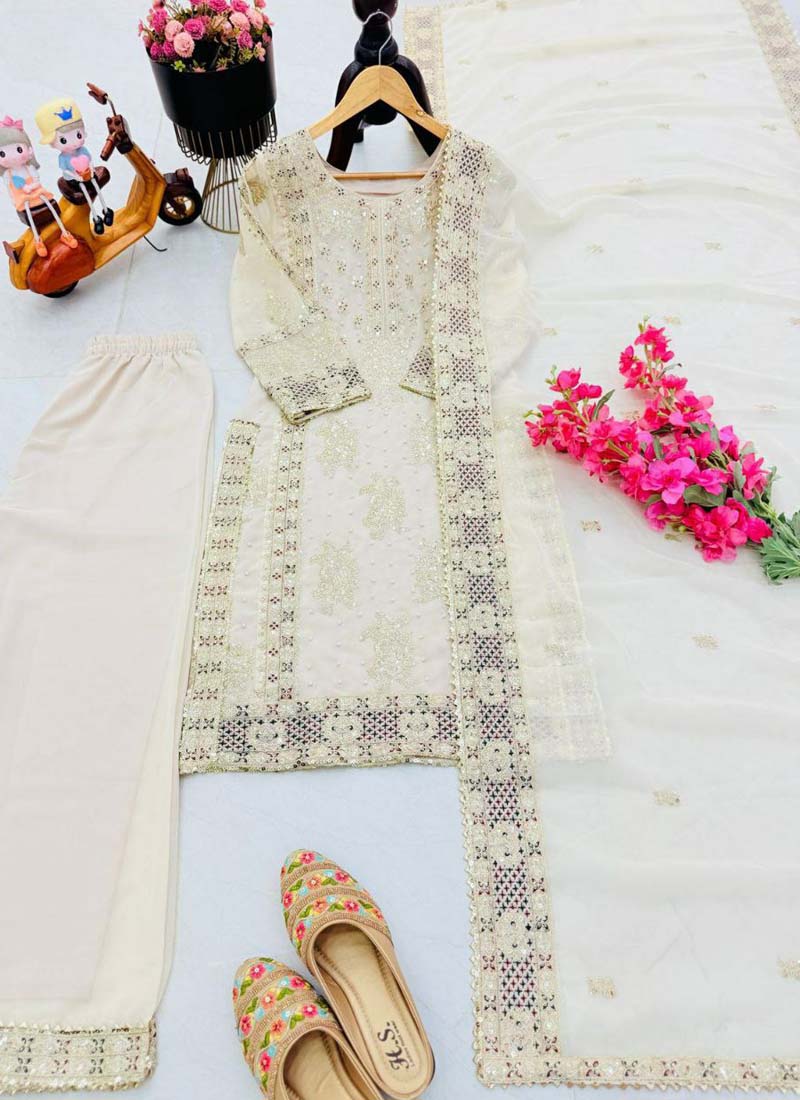 Prazu Fashion Off White Georgette Embroidered Palazzo Suit