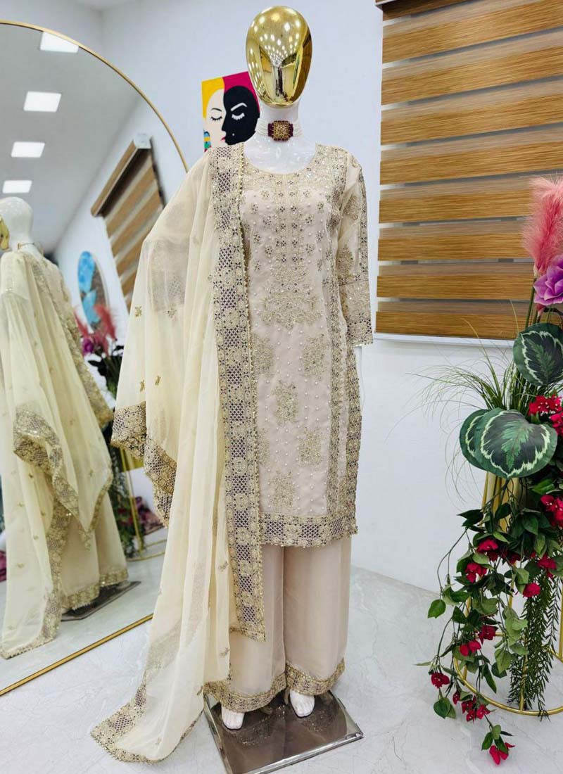 Prazu Fashion Off White Georgette Embroidered Palazzo Suit