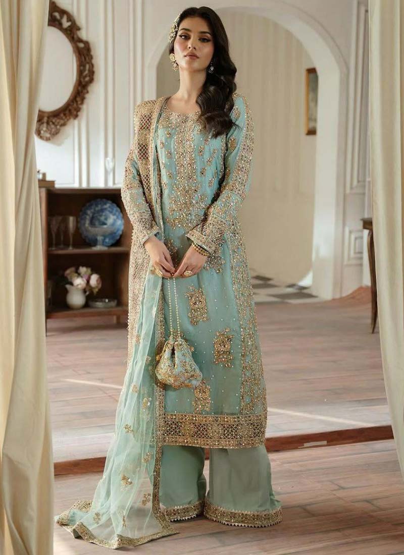 Prazu Fashion Sky Blue Georgette Embroidered Palazzo Suit