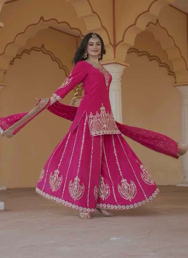Prazu Fashion Pink Chinon Silk Embroidered Sharara Suit