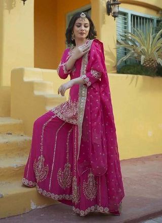 Prazu Fashion Pink Chinon Silk Embroidered Sharara Suit