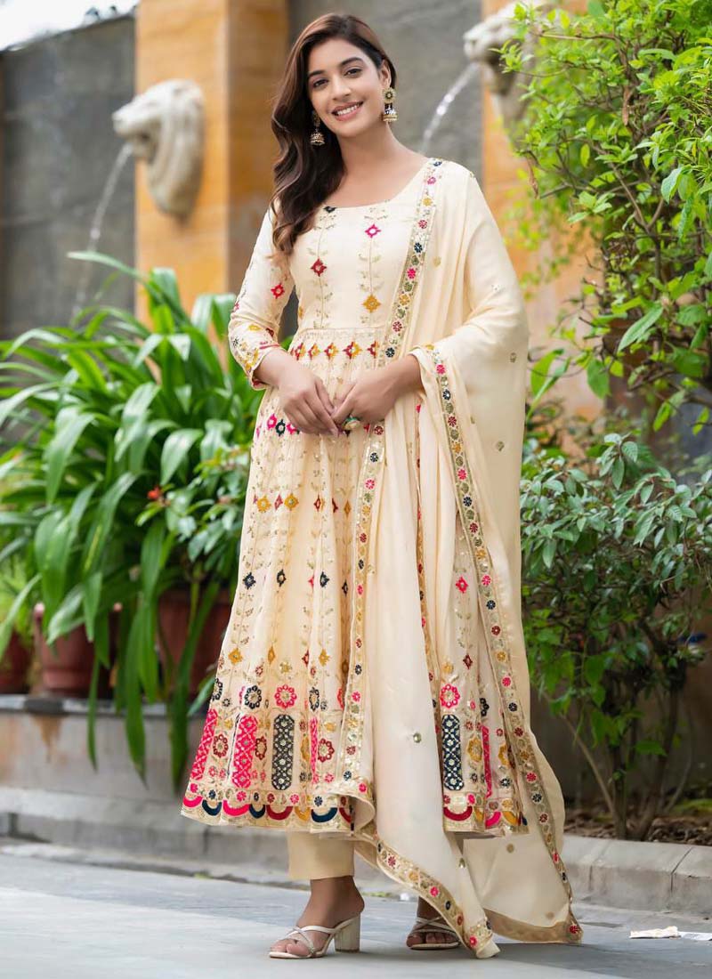 Prazu Fashion Cream Chinon Silk Embroidered Anarkali Suit