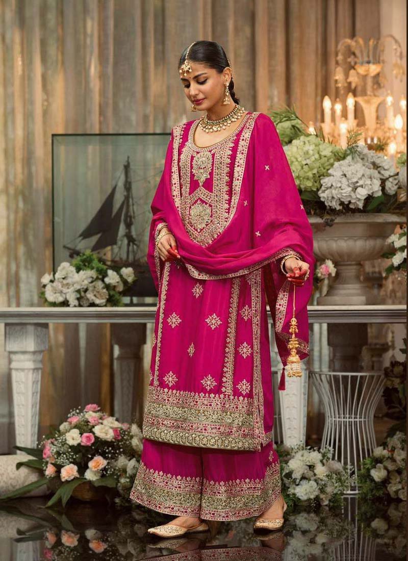 Prazu Fashion Pink Georgette Embroidered Palazzo Suit