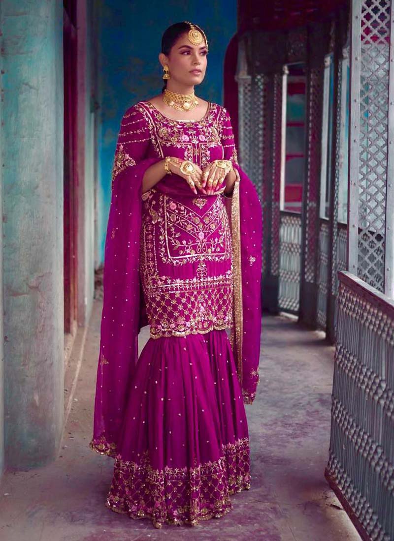 Prazu Fashion Purple Chinon Silk Embroidered Sharara Suit