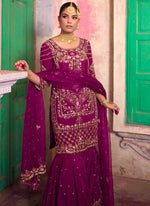 Thumbnail for Prazu Fashion Purple Chinon Silk Embroidered Sharara Suit