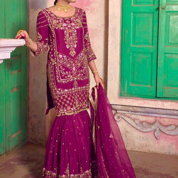 Prazu Fashion Purple Chinon Silk Embroidered Sharara Suit