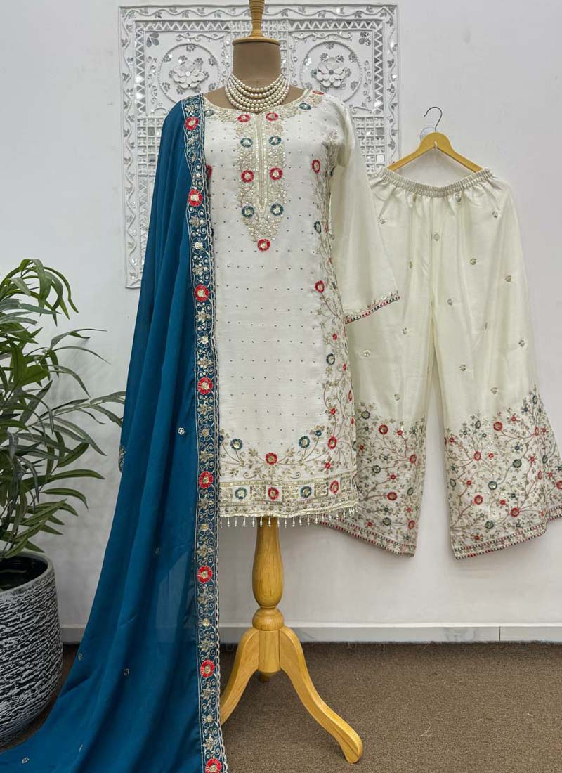 Prazu Fashion Off White Chinon Silk Embroidered Palazzo Suit