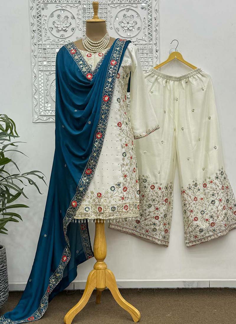 Prazu Fashion Off White Chinon Silk Embroidered Palazzo Suit