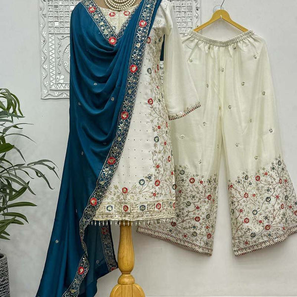 Prazu Fashion Off White Chinon Silk Embroidered Palazzo Suit - Distacart