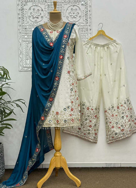 Prazu Fashion Off White Chinon Silk Embroidered Palazzo Suit