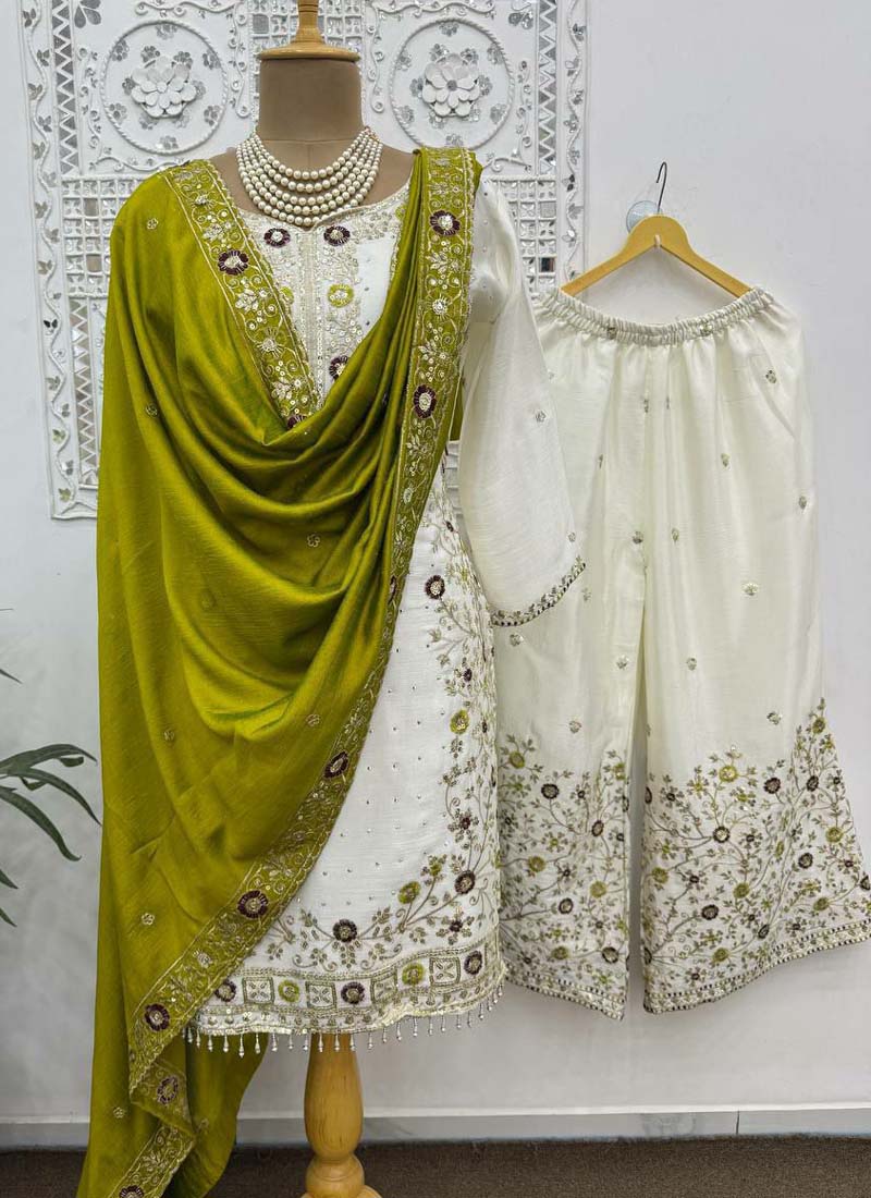 Prazu Fashion Off White Chinon Silk Embroidered Palazzo Suit