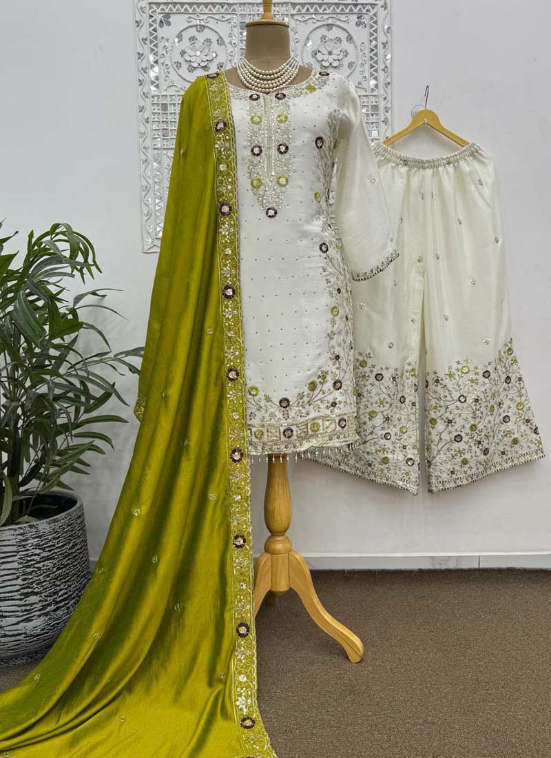 Prazu Fashion Off White Chinon Silk Embroidered Palazzo Suit