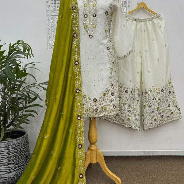 Prazu Fashion Off White Chinon Silk Embroidered Palazzo Suit