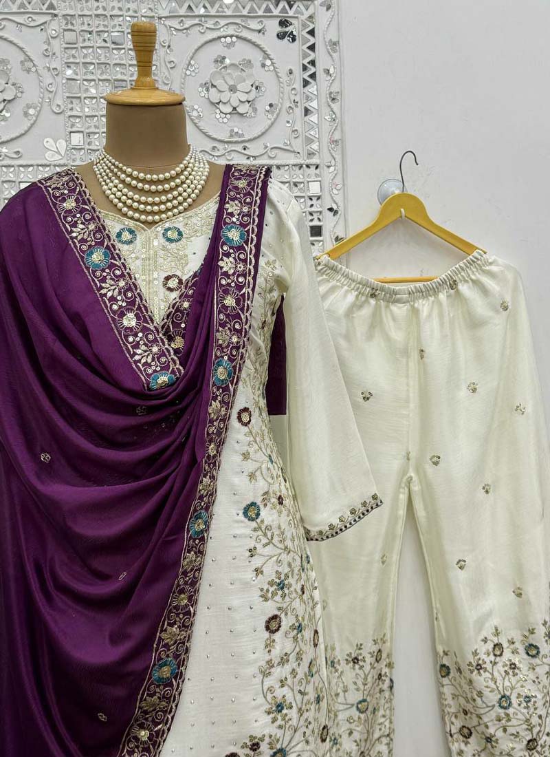 Prazu Fashion Off White Chinon Silk Embroidered Palazzo Suit