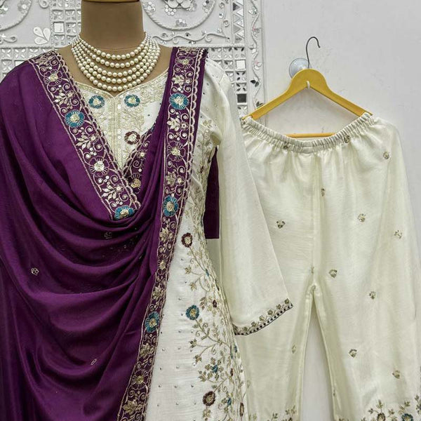 Prazu Fashion Off White Chinon Silk Embroidered Palazzo Suit - Distacart