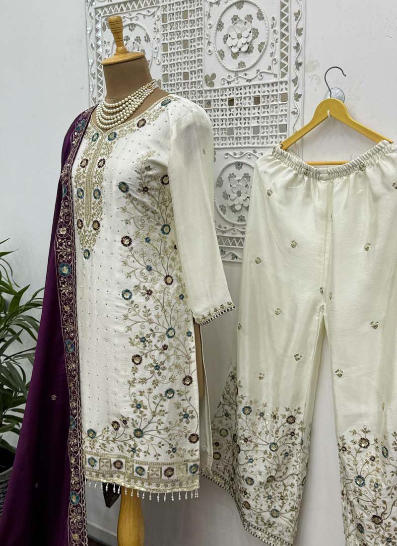 Prazu Fashion Off White Chinon Silk Embroidered Palazzo Suit