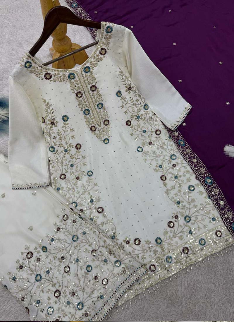 Prazu Fashion Off White Chinon Silk Embroidered Palazzo Suit