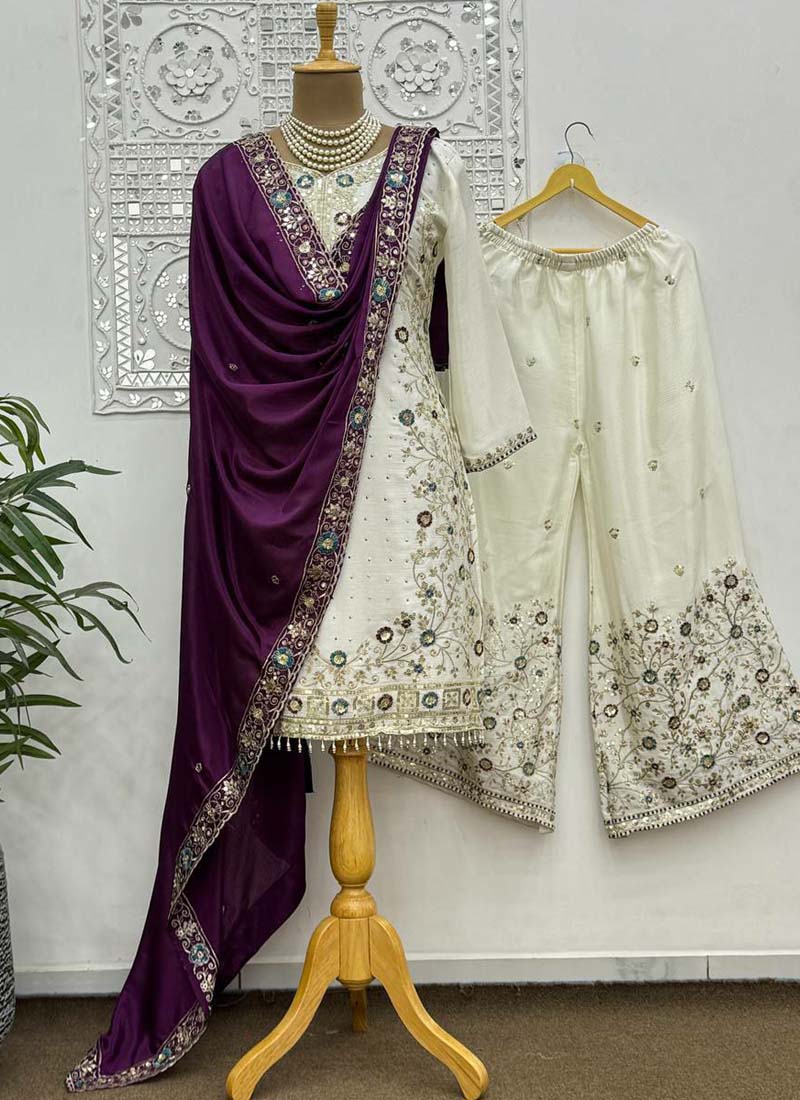 Prazu Fashion Off White Chinon Silk Embroidered Palazzo Suit