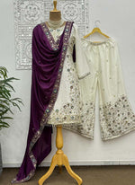 Thumbnail for Prazu Fashion Off White Chinon Silk Embroidered Palazzo Suit