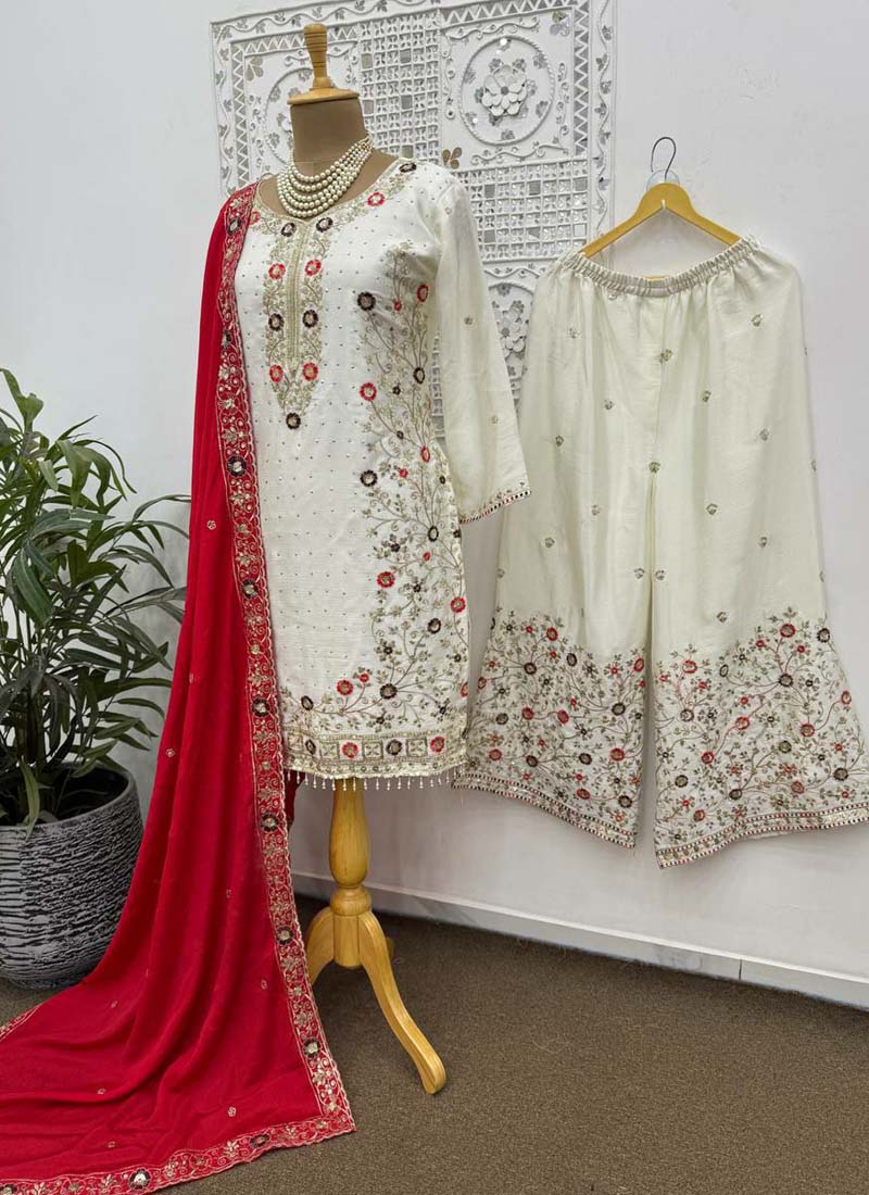 Prazu Fashion Off White Chinon Silk Embroidered Palazzo Suit