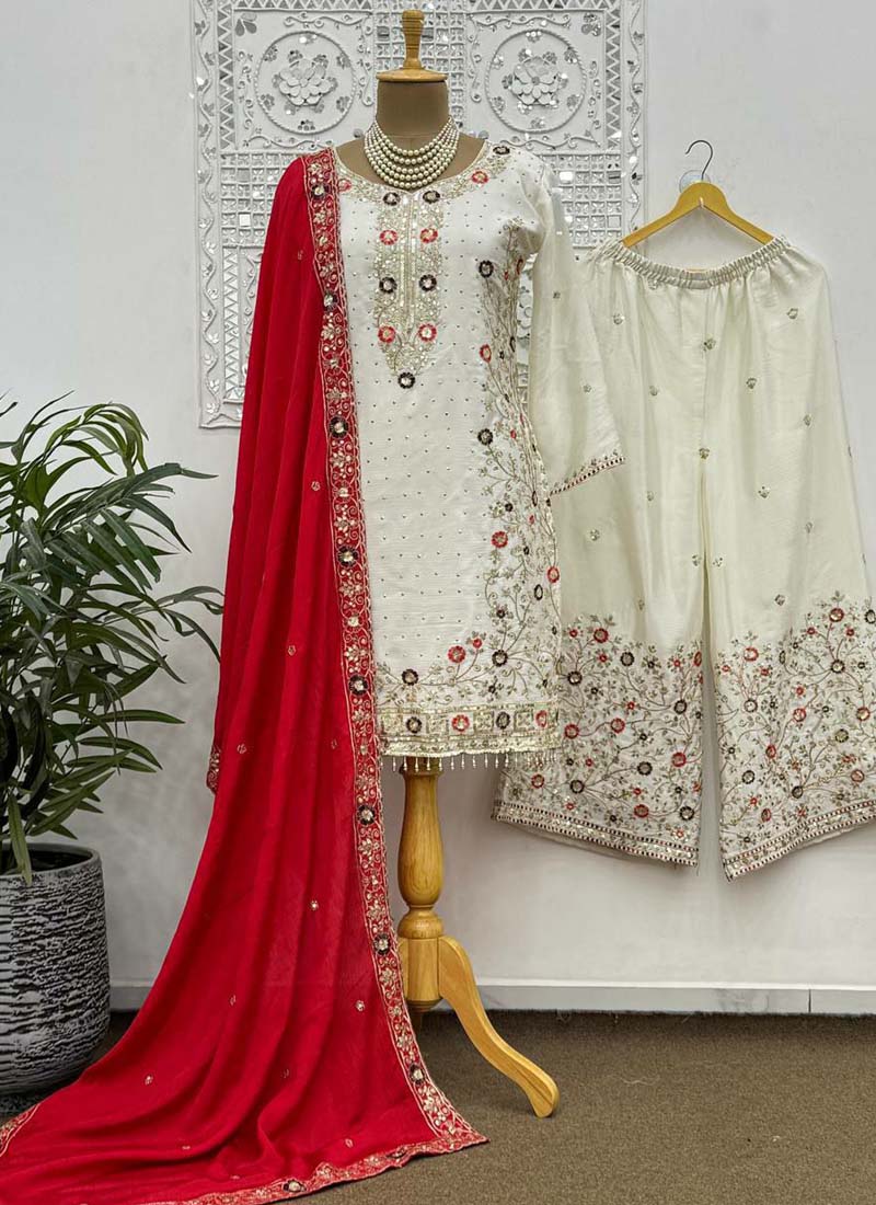 Prazu Fashion Off White Chinon Silk Embroidered Palazzo Suit