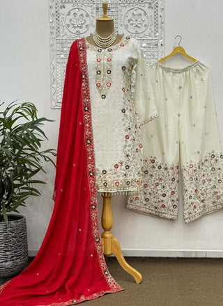 Prazu Fashion Off White Chinon Silk Embroidered Palazzo Suit