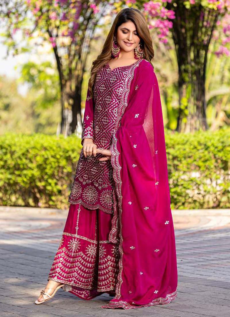 Prazu Fashion Pink Chinon Silk Thread Work Palazzo Suit