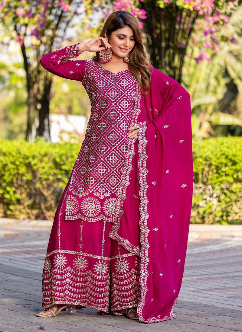 Prazu Fashion Pink Chinon Silk Thread Work Palazzo Suit