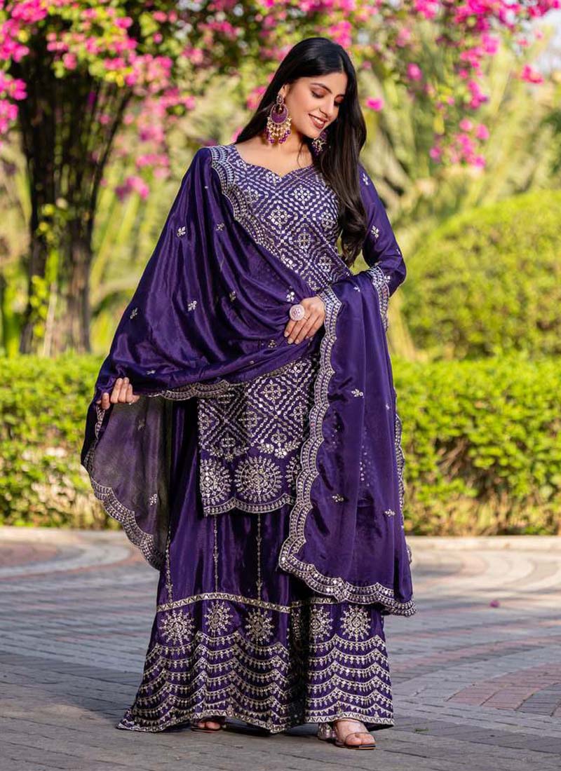 Prazu Fashion Violet Chinon Silk Thread Work Palazzo Suit
