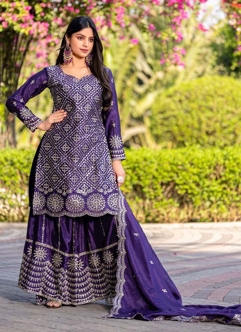 Prazu Fashion Violet Chinon Silk Thread Work Palazzo Suit